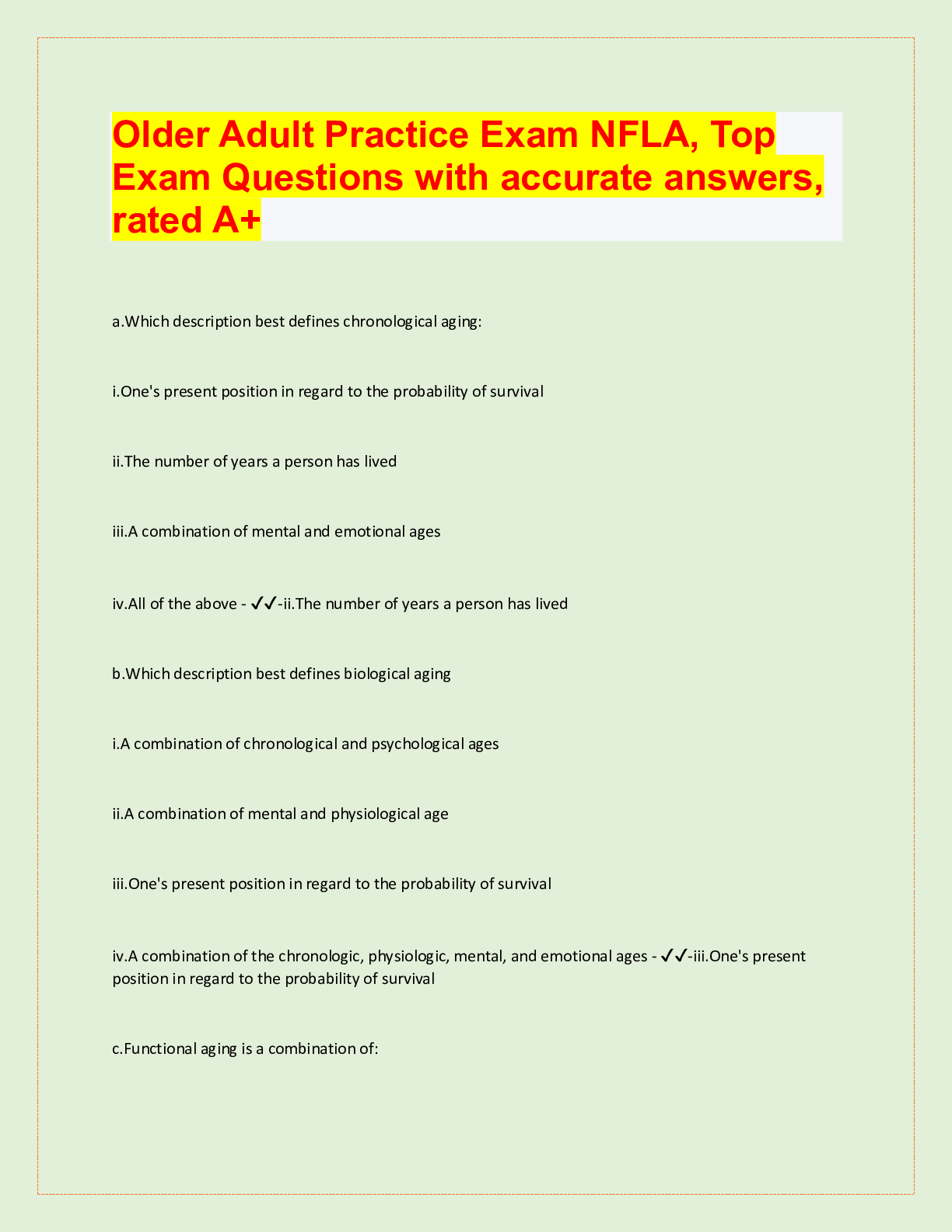 Preview image for Older Adult Practice Exam NFLA, Top  Exam Questions with accurate answers,  rated A+